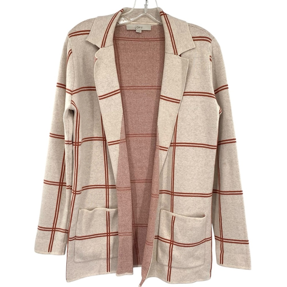 Loft Ann Taylor Windowpane Open Front Knit Blazer Cardigan Sweater